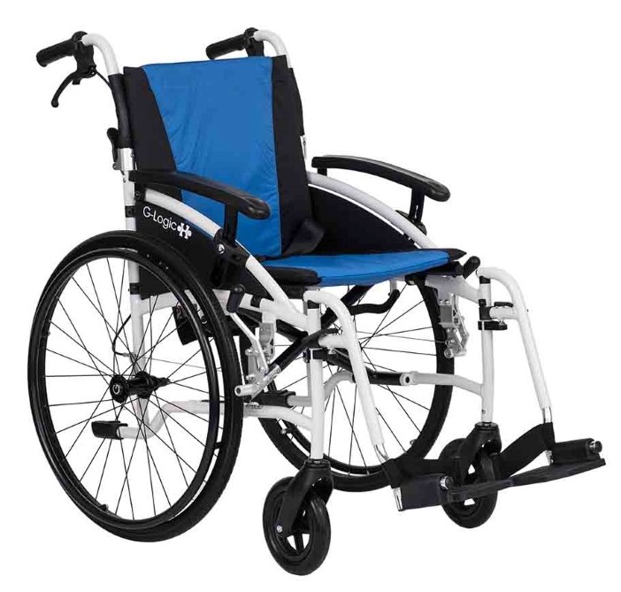 Excel G-Logic Lightweight Self Propelled Wheelchair White Frame and Blue Upholstery 20'' Wide Seat